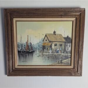 Vintage Harbor Village Oil Painting on Canvas Signed Framed Coastal European